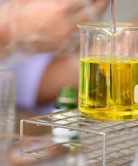 A beaker containing yellow liquid being filled in a laboratory environment with glassware in the background. - Olive Oil Times